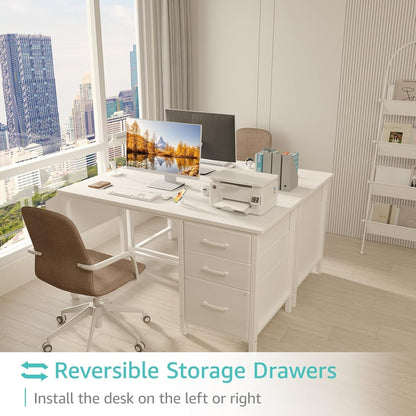 White Computer Desk with Fabric File Drawers Cabinet, 47 Inch Home