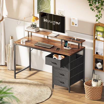47 Inch Computer Desk with Power Outlets and LED Lights, Gaming Desk