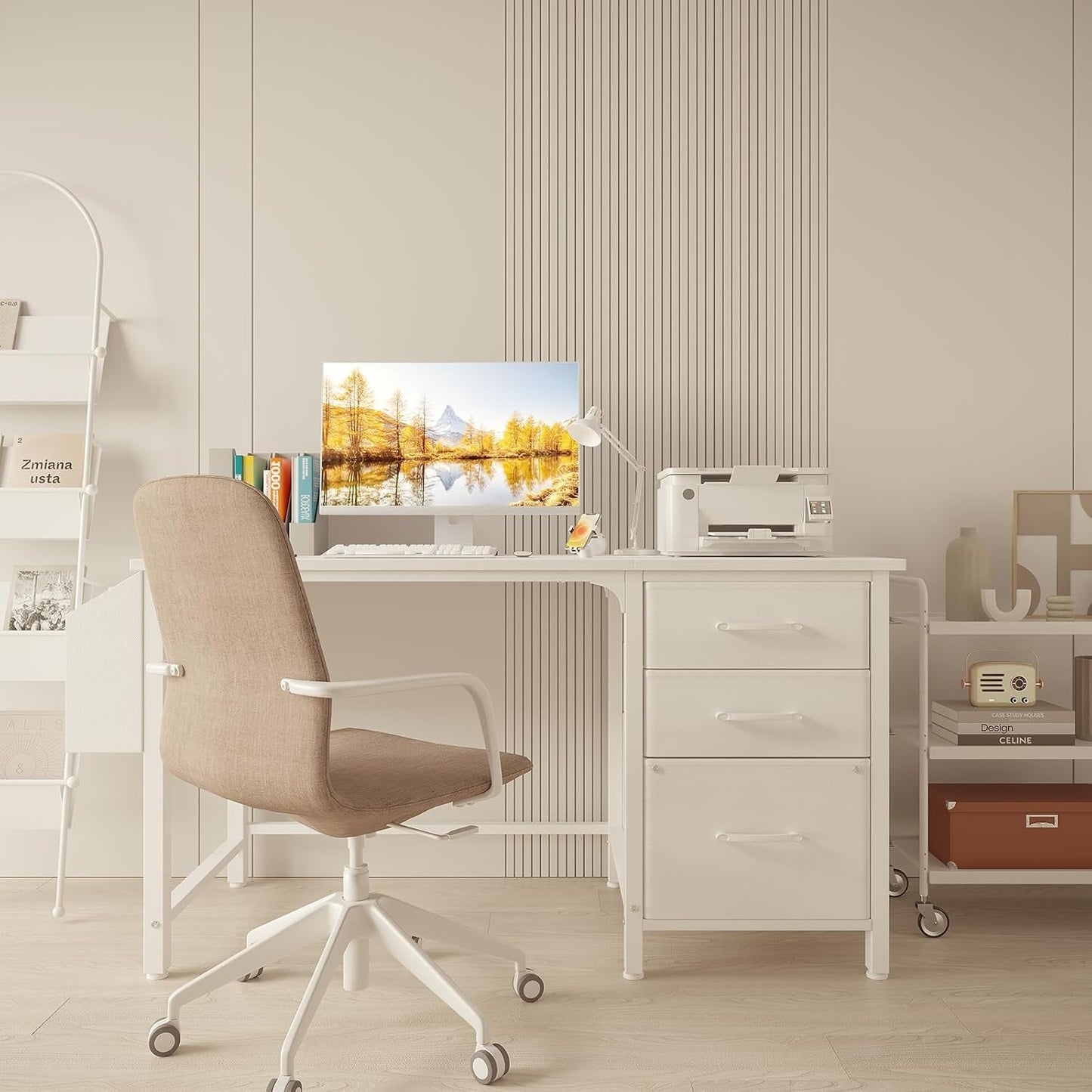White Computer Desk with Fabric File Drawers Cabinet, 47 Inch Home