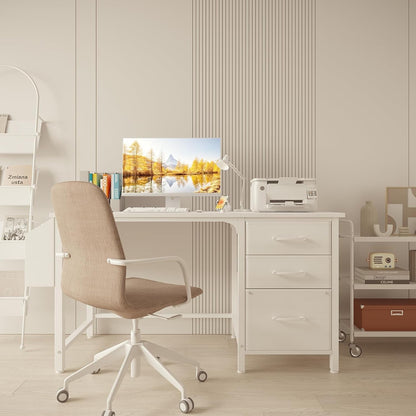 White Computer Desk with Fabric File Drawers Cabinet, 47 Inch Home