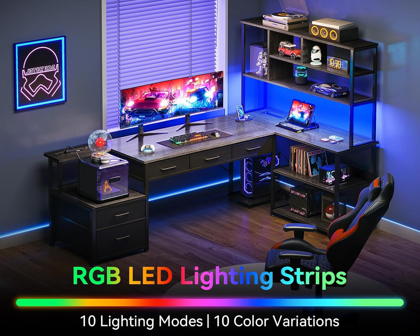 79 Inch L Shaped Desk with File Drawers, Reversible L Shaped Gaming