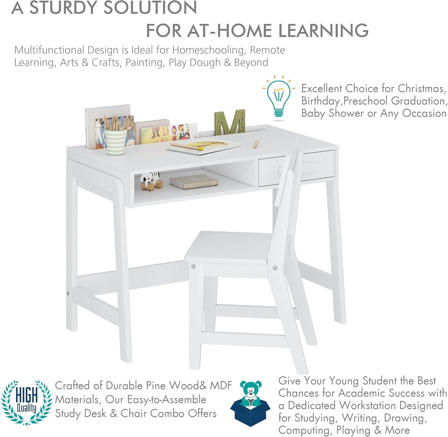 Kids Desk and Chair Set, Study Desk for Kids with Drawers, Wooden