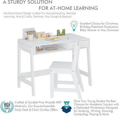 Kids Desk and Chair Set, Study Desk for Kids with Drawers, Wooden
