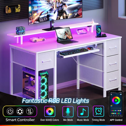 Computer Desk 47.2" with LED Lights & Power Outlets, Home Office Desk