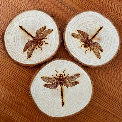 Dragonfly Engraved Wood Coaster Set