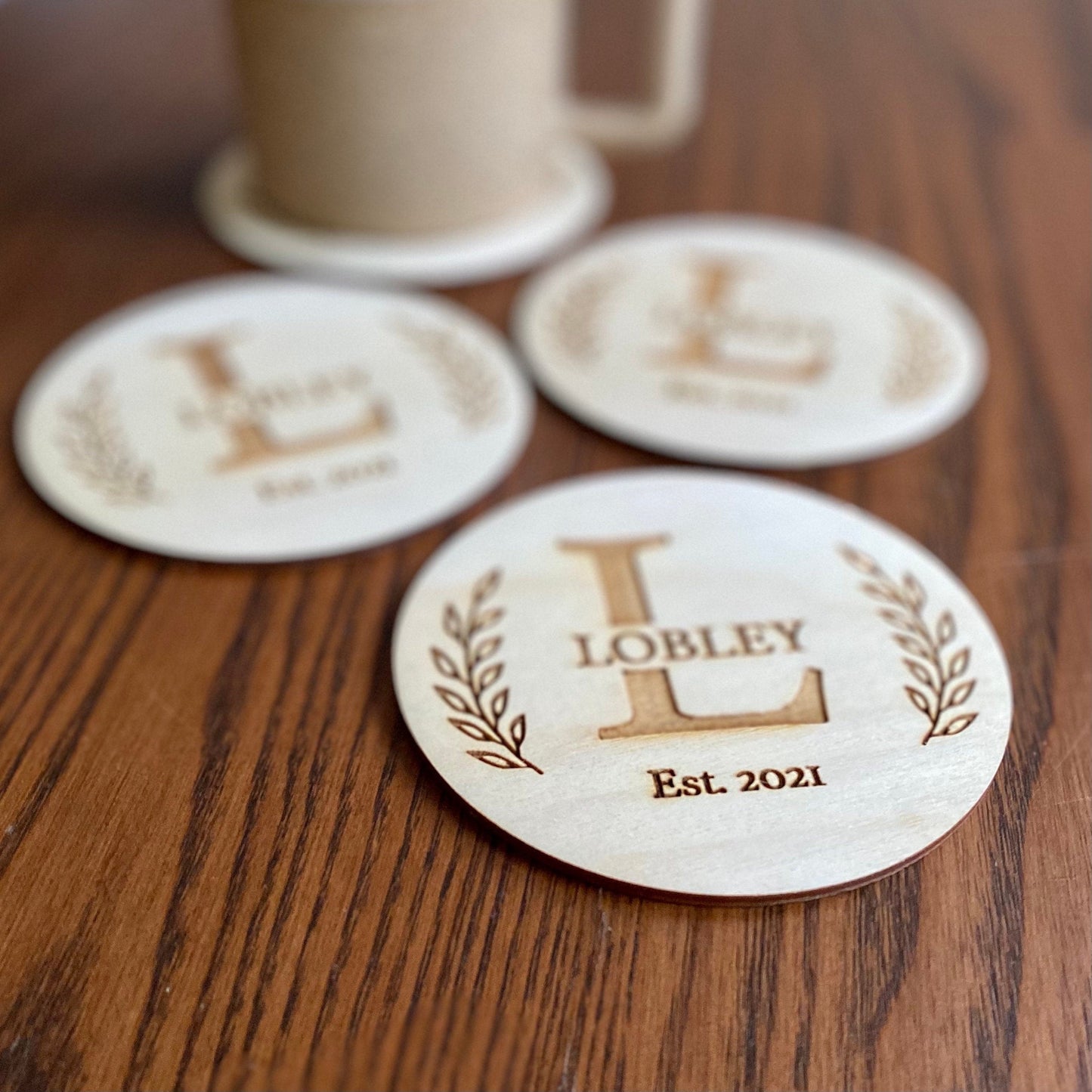 Engraved Monogram Wood Coaster Set