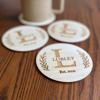 Engraved Monogram Wood Coaster Set