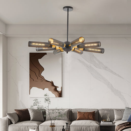Modern Industrial Sputnik Chandelier, 8-Light Black and Gold Metal