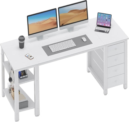 White Computer Desk with Fabric Drawers & Storage Shelves, 55 Inch
