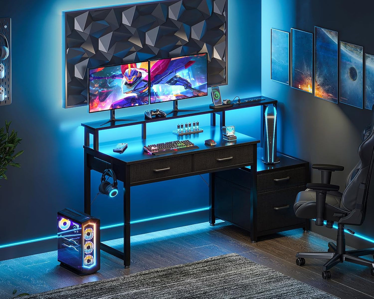 48-Inch Computer Desk with Power Outlets and LED Lights, Gaming Desk