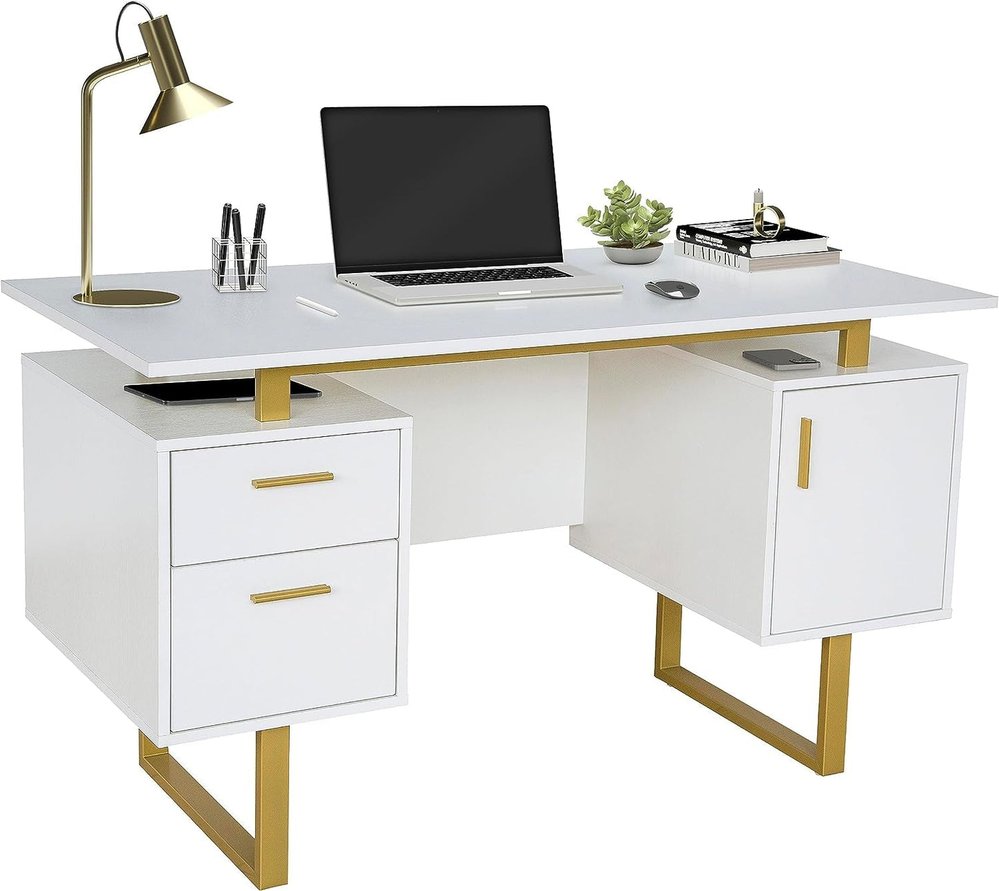 51" White Gold Desk with Storage Cabinet