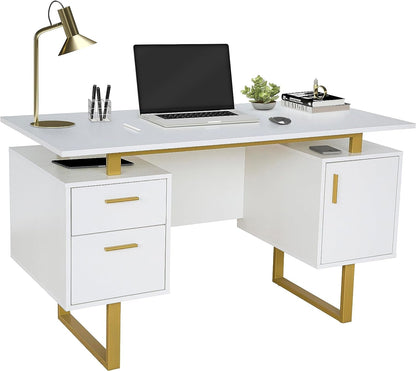 51" White Gold Desk with Storage Cabinet