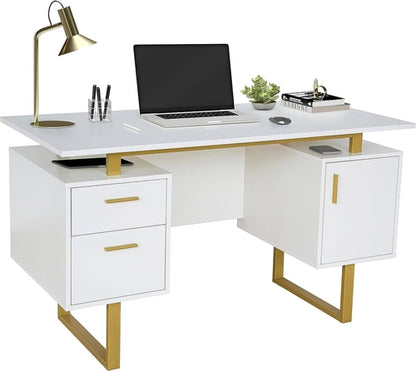 51" White Gold Desk with Storage Cabinet