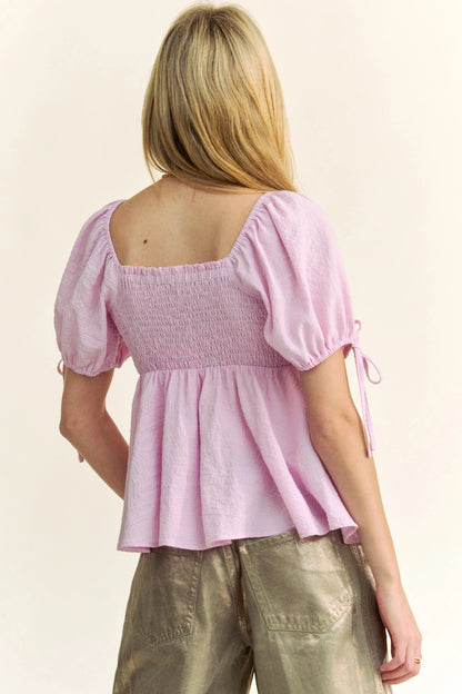 Davi & Dani Solid Elastic Peplum Puffed Sleeves Blouse