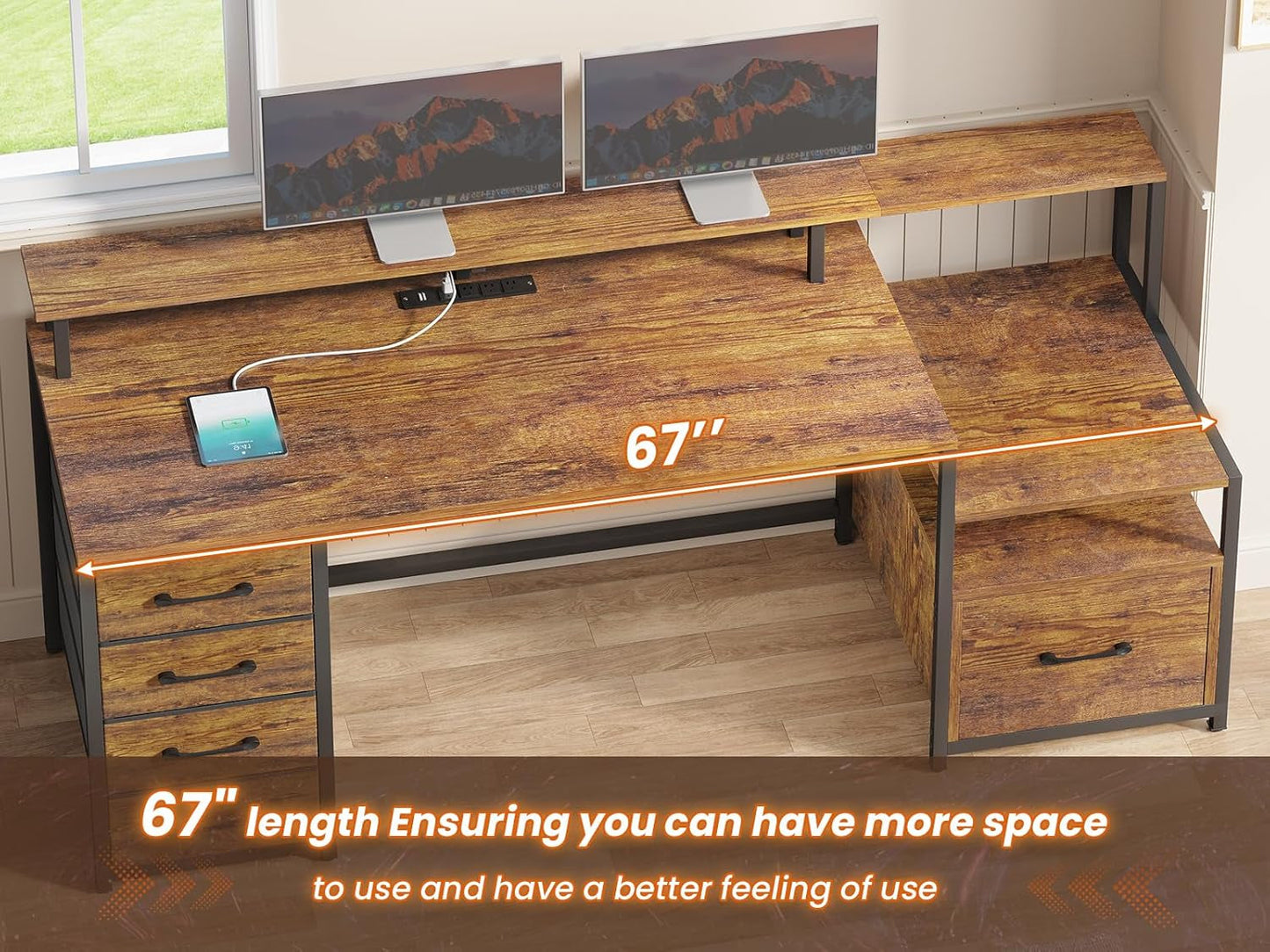 Home Office Desk with File Drawer & Power Outlet, 66'' Computer Desk