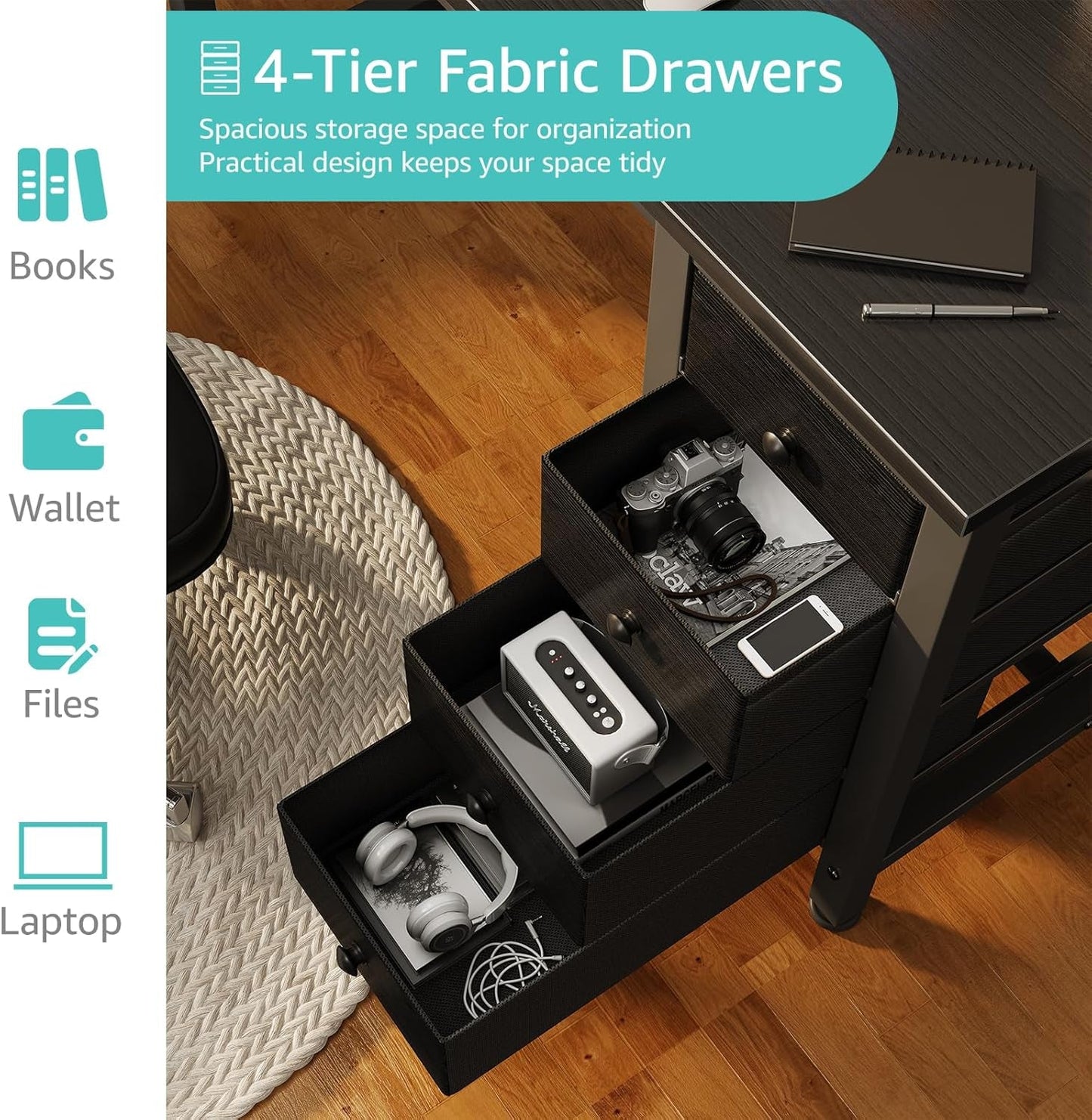 Small Gaming Desk with 4 Fabric Drawers, 40 Inch Kids Girls Teen Cute