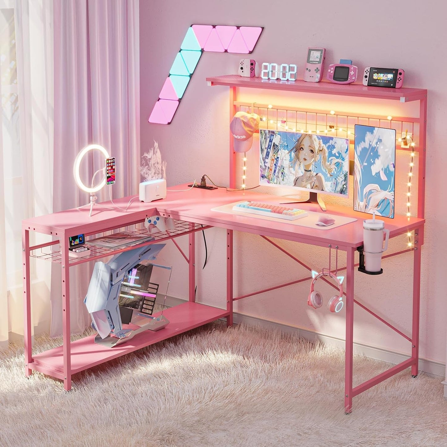 Gaming Desk 51" L-Shaped, with Power Outlets & LED Lights- 4 Tier
