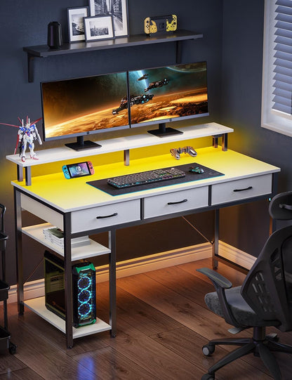Computer Desk with Power Outlets & LED Light, 47 Inch Home Office Desk