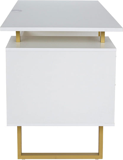 51" White Gold Desk with Storage Cabinet