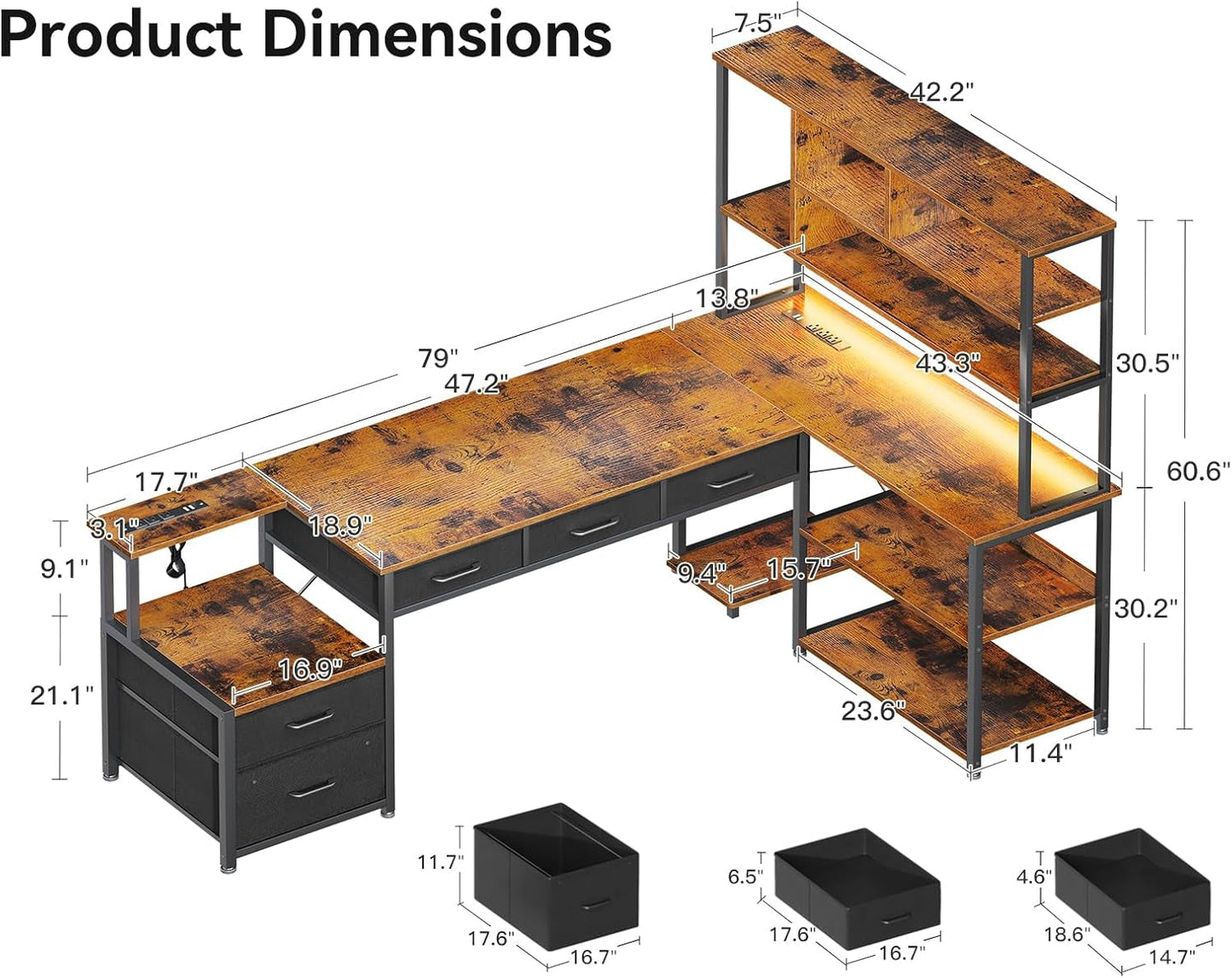 79 Inch L Shaped Desk with File Drawers, Reversible L Shaped Gaming