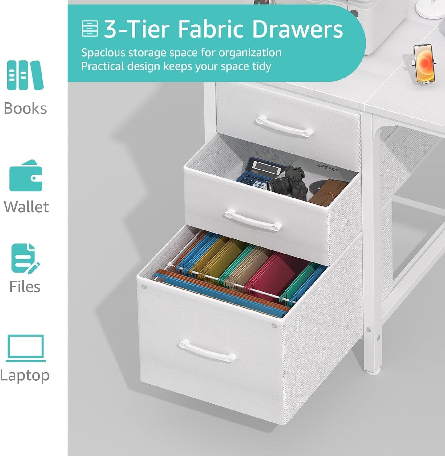 White Computer Desk with Fabric File Drawers Cabinet, 47 Inch Home