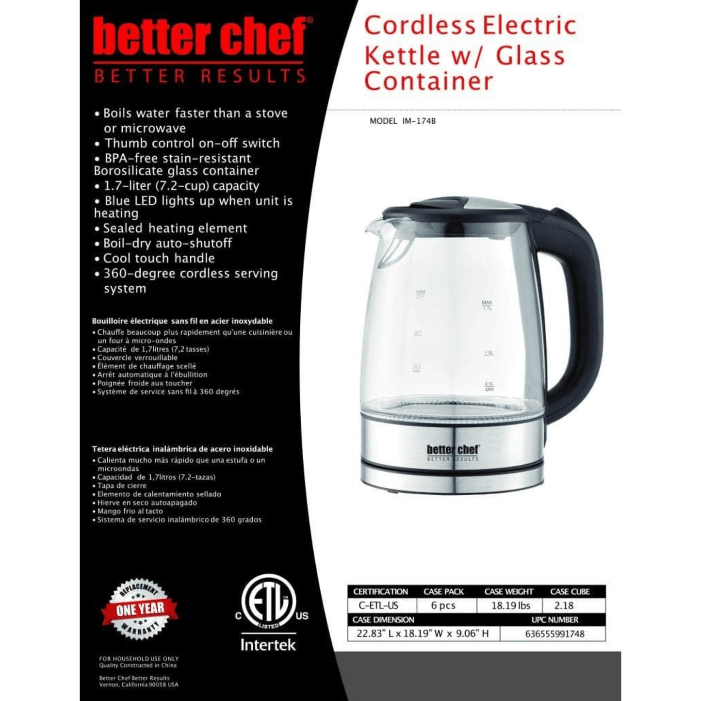 Better Chef 1100W 7-Cup Cordless Electric Borosilicate Glass Kettle wi