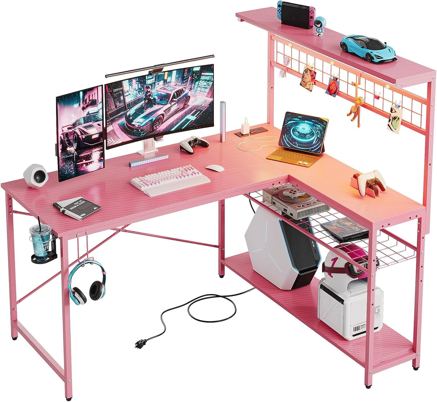 Gaming Desk 51" L-Shaped, with Power Outlets & LED Lights- 4 Tier
