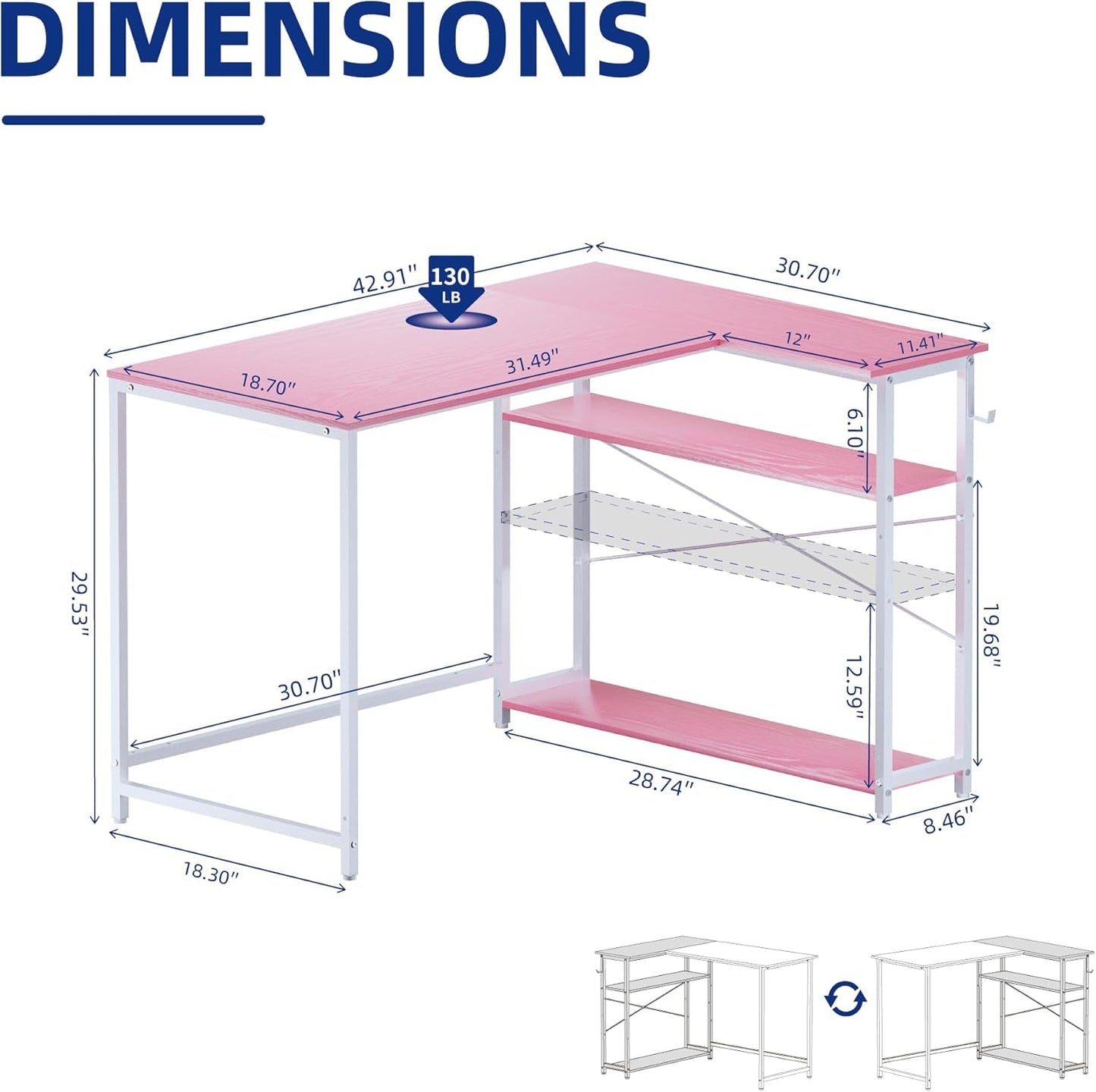 43 Inch L Shaped Computer Desk with Reversible Side Storage Shelves,
