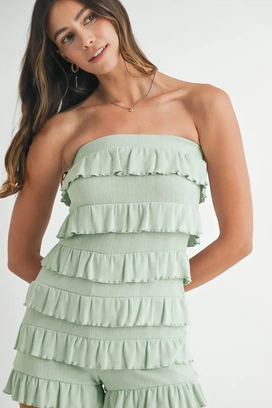 MABLE Pointelle Knit Fabric Ruffled Tube Romper