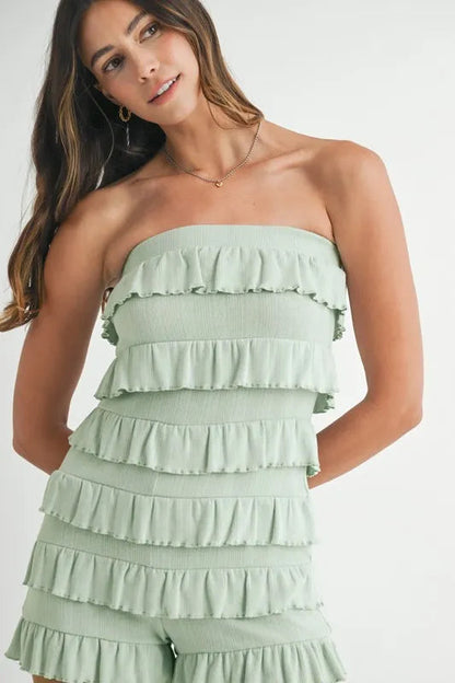 MABLE Pointelle Knit Fabric Ruffled Tube Romper