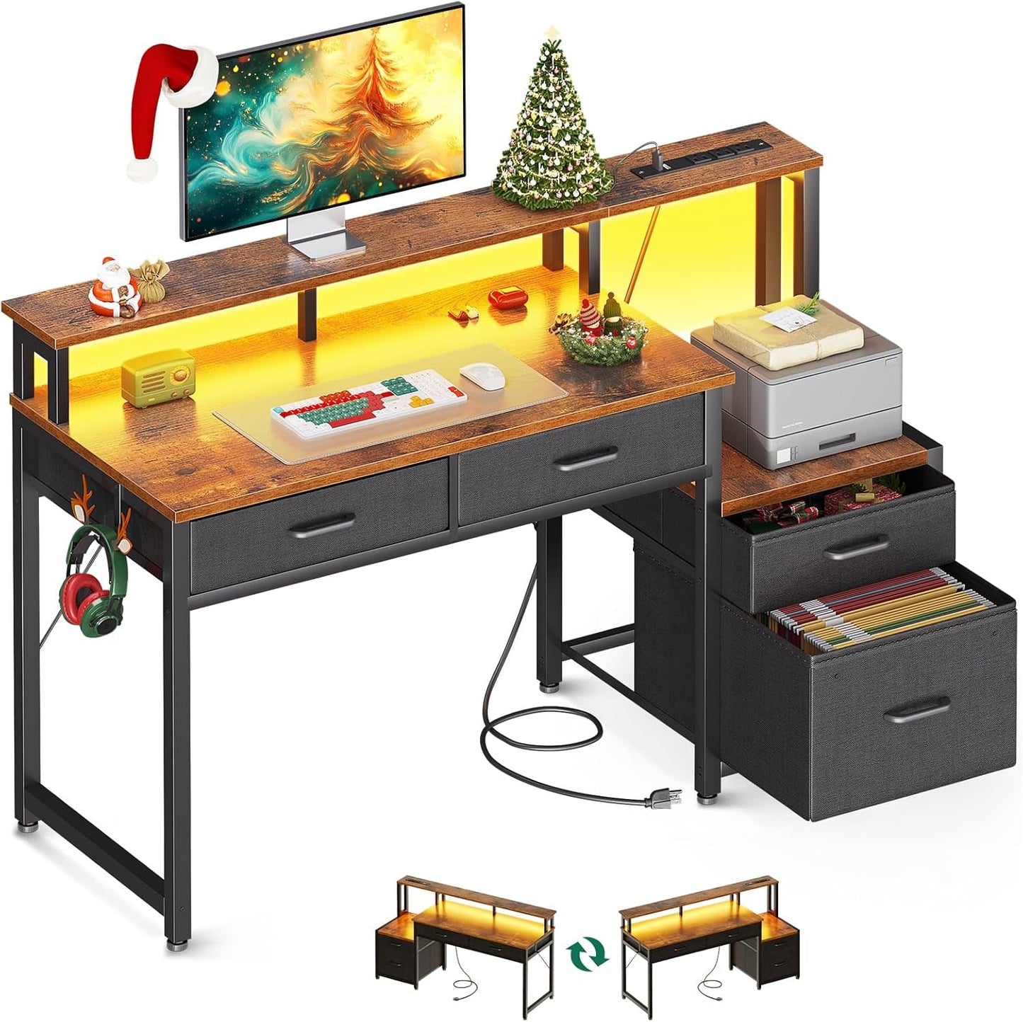 48-Inch Computer Desk with Fabric File Cabinet and Fabric Drawers,