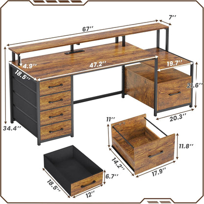 Home Office Desk with File Drawer & Power Outlet, 66'' Computer Desk