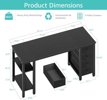 Gaming Desk with 4 Fabric Drawers & Storage Shelves, 55 Inch Computer