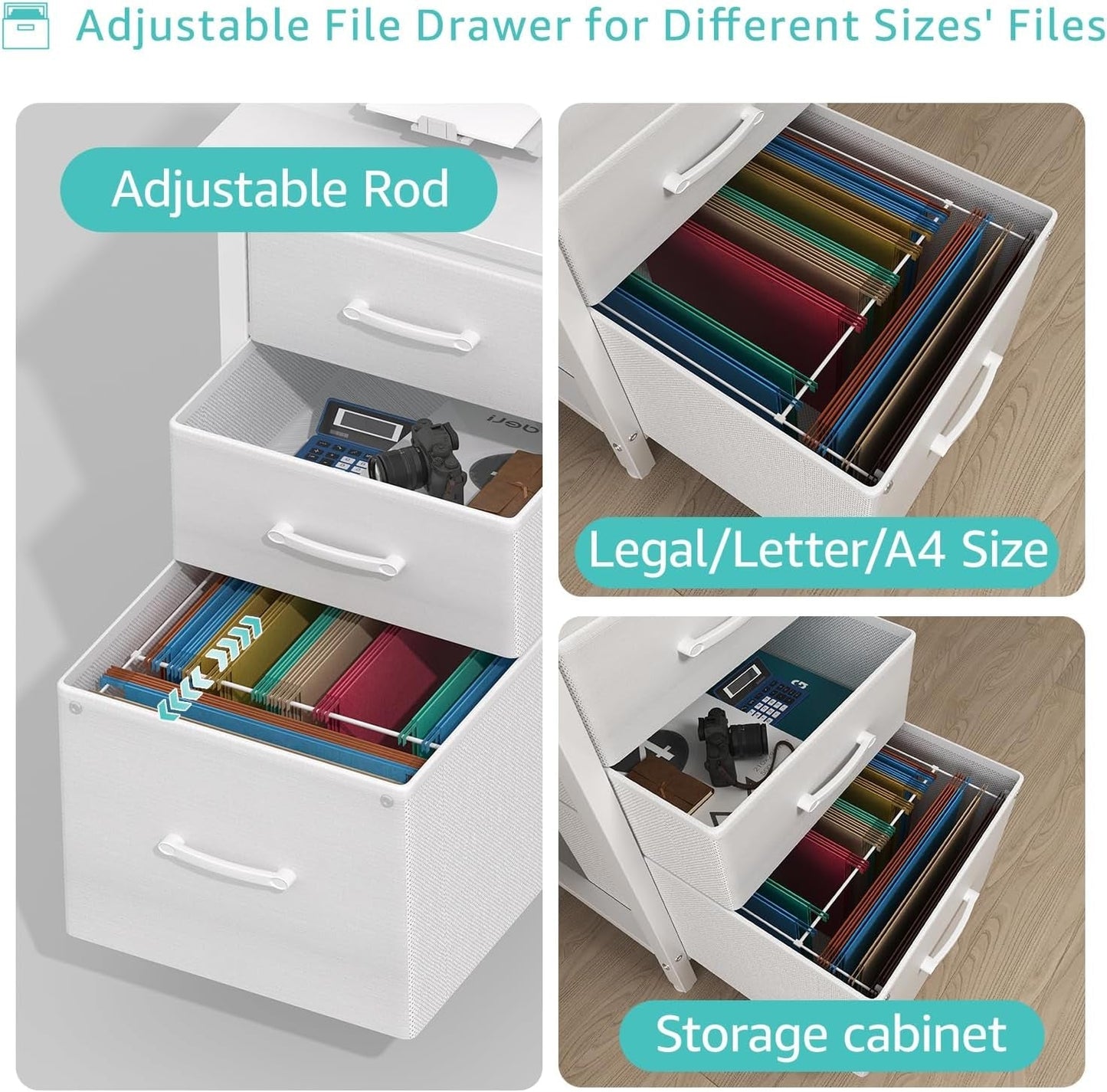 White Computer Desk with Fabric File Drawers Cabinet, 47 Inch Home
