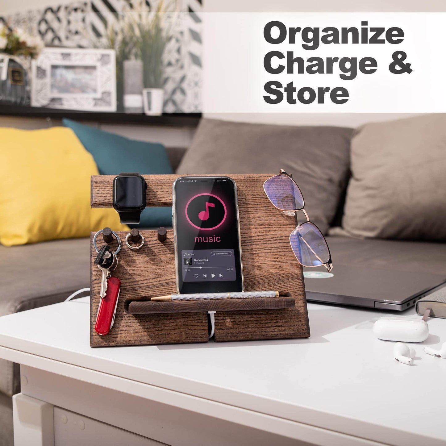 Wood Phone Docking Station Ash Hooks Key Holder Wallet Stand Watch