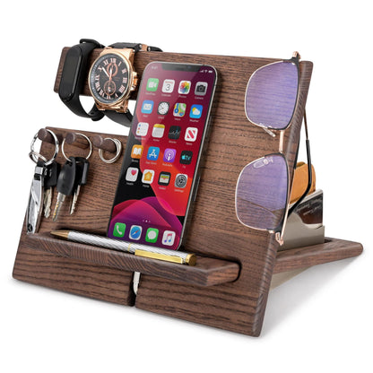 Wood Phone Docking Station Ash Hooks Key Holder Wallet Stand Watch