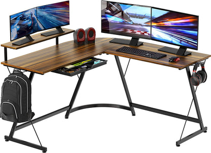 Vista L-Shape Desk with Monitor Stand, Walnut