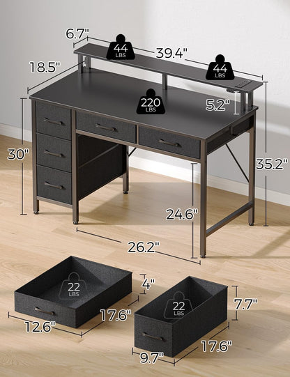 Computer Desk with Power Outlets & LED Light, 39 Inch Home Office Desk