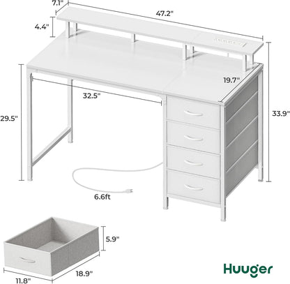 47 Inch Computer Desk with Power Outlets and LED Lights, Gaming Desk