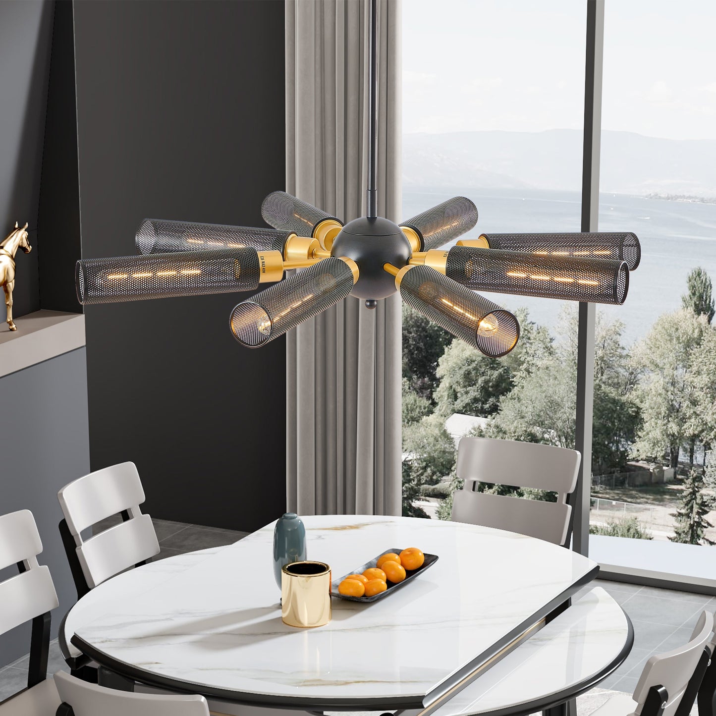 Modern Industrial Sputnik Chandelier, 8-Light Black and Gold Metal