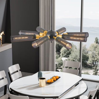Modern Industrial Sputnik Chandelier, 8-Light Black and Gold Metal