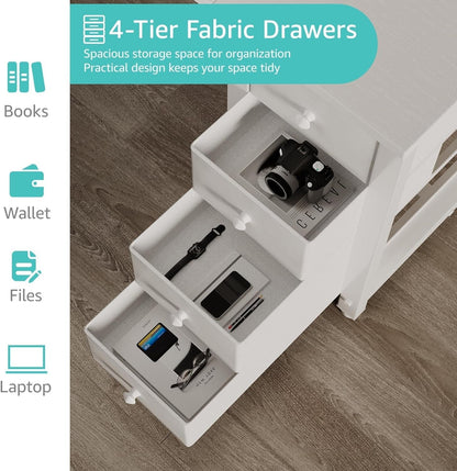 White Computer Desk with Fabric Drawers & Storage Shelves, 55 Inch