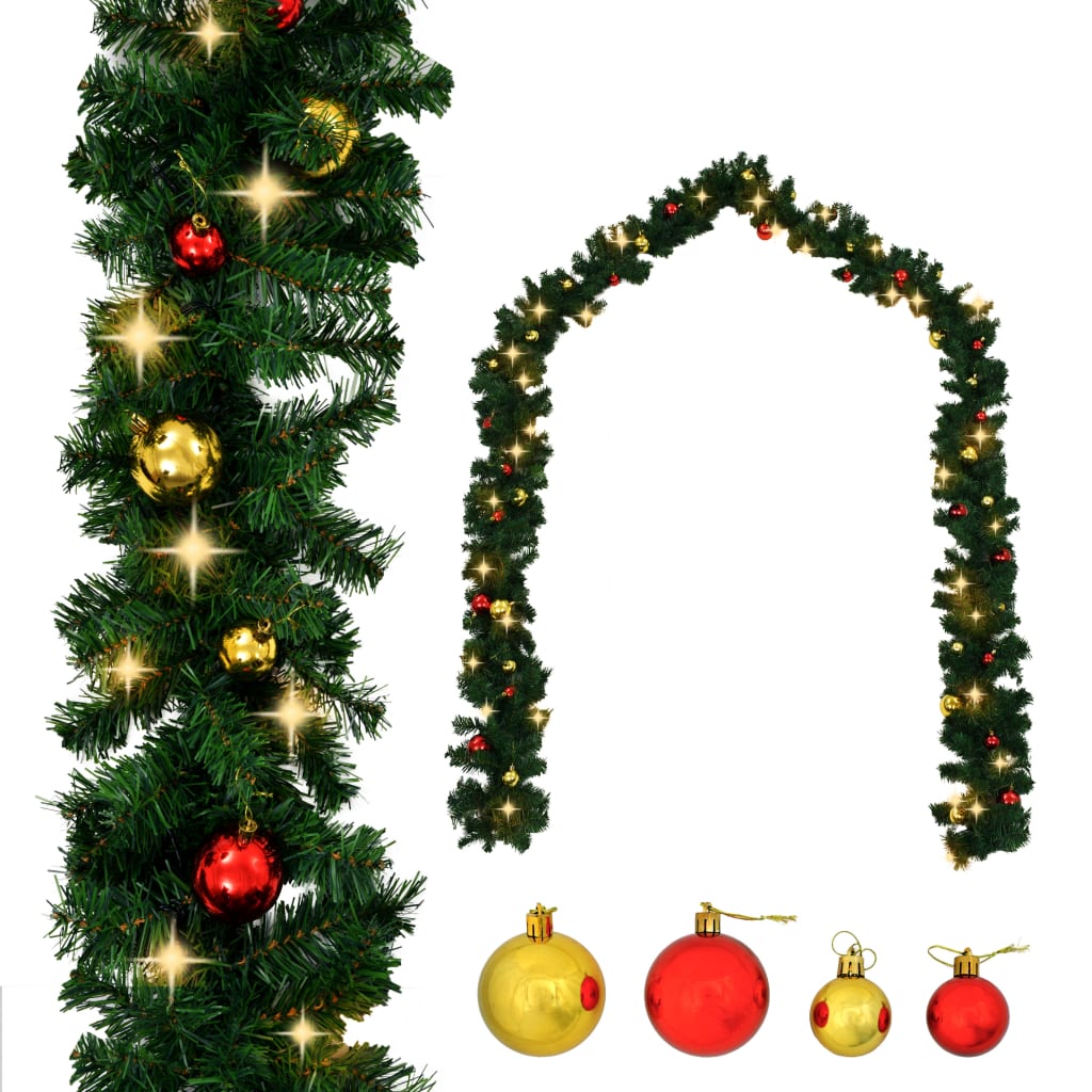 Christmas Garland with Baubles and LED Lights Green 16.4' PVC