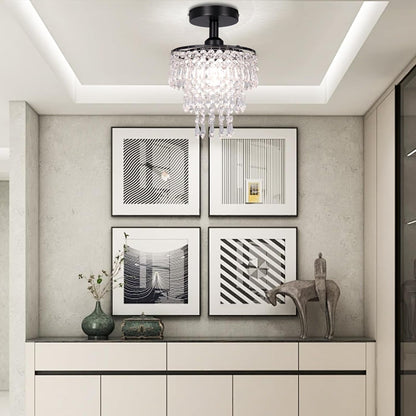 Small Crystal Chandelier Flush Mount Ceiling Light 3 Tiers Raindrops