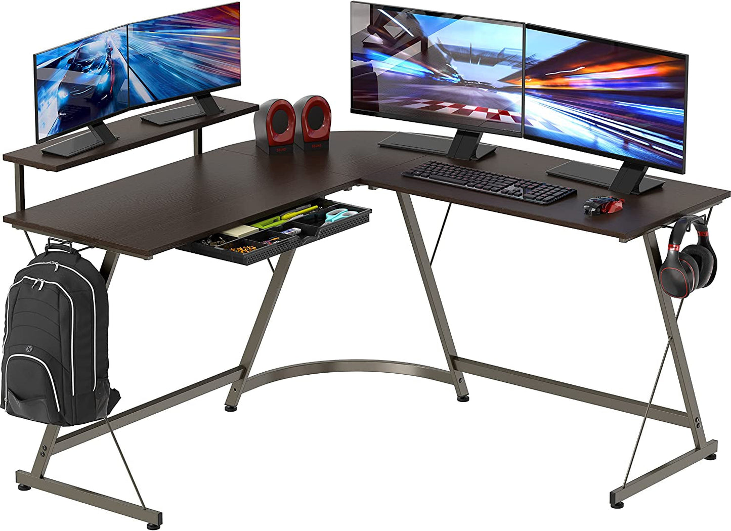 Vista L-Shape Desk with Monitor Stand, Espresso