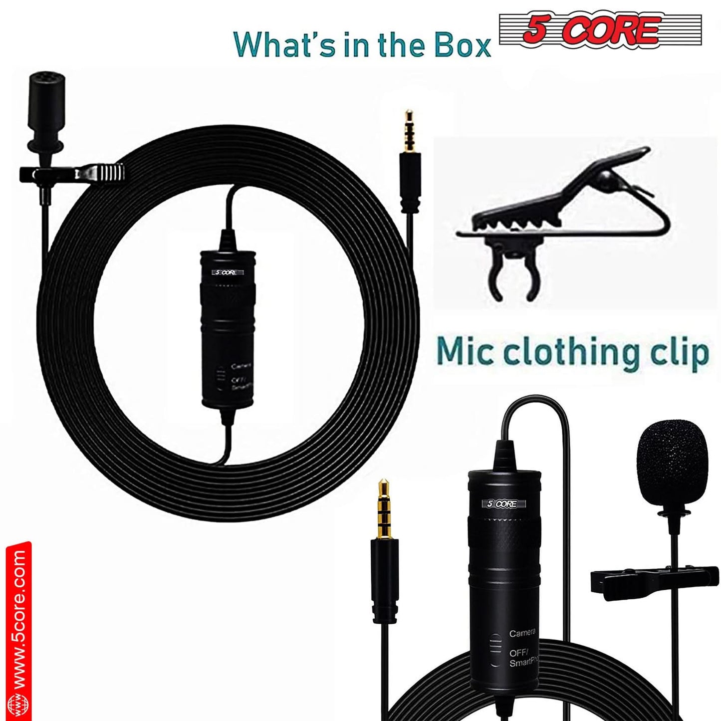 5Core Lavalier Microphone Clip On  Professional Grade 3.5mm Lapel Mic
