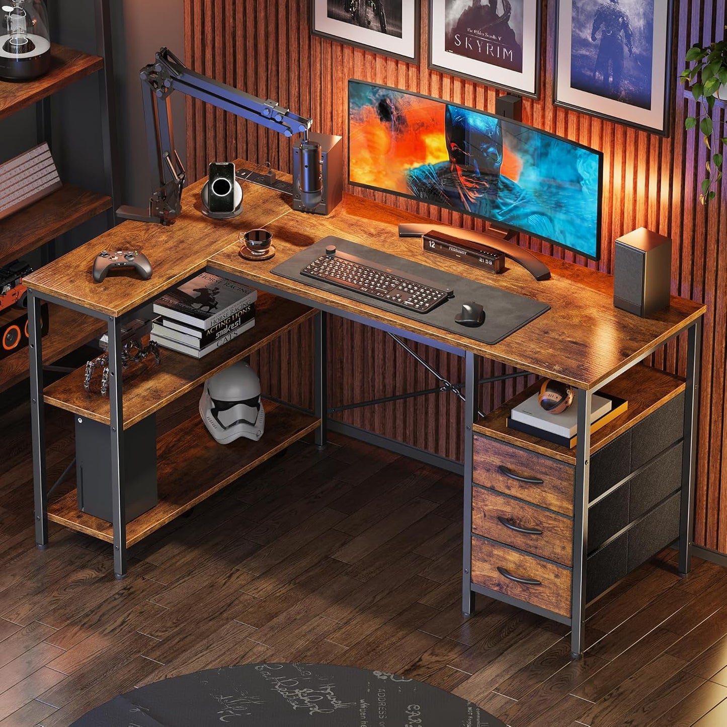 L Shaped Desk with Power Outlets, Computer Desk with 3 Drawers, 47