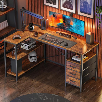 L Shaped Desk with Power Outlets, Computer Desk with 3 Drawers, 47