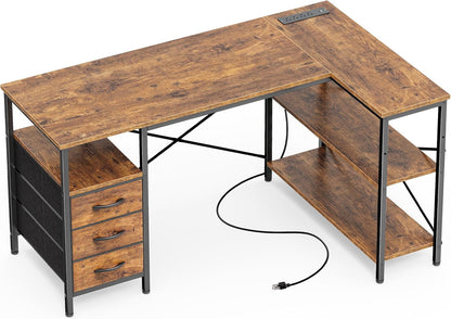 L Shaped Desk with Power Outlets, Computer Desk with 3 Drawers, 47