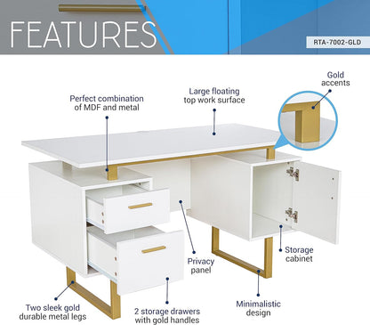 51" White Gold Desk with Storage Cabinet